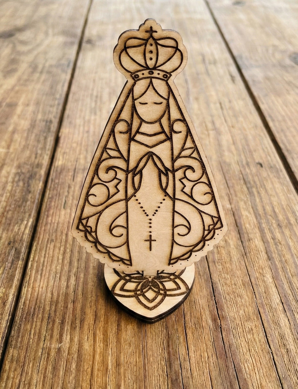 Wooden Virgin Figure – Handcrafted Pyrography in Relief